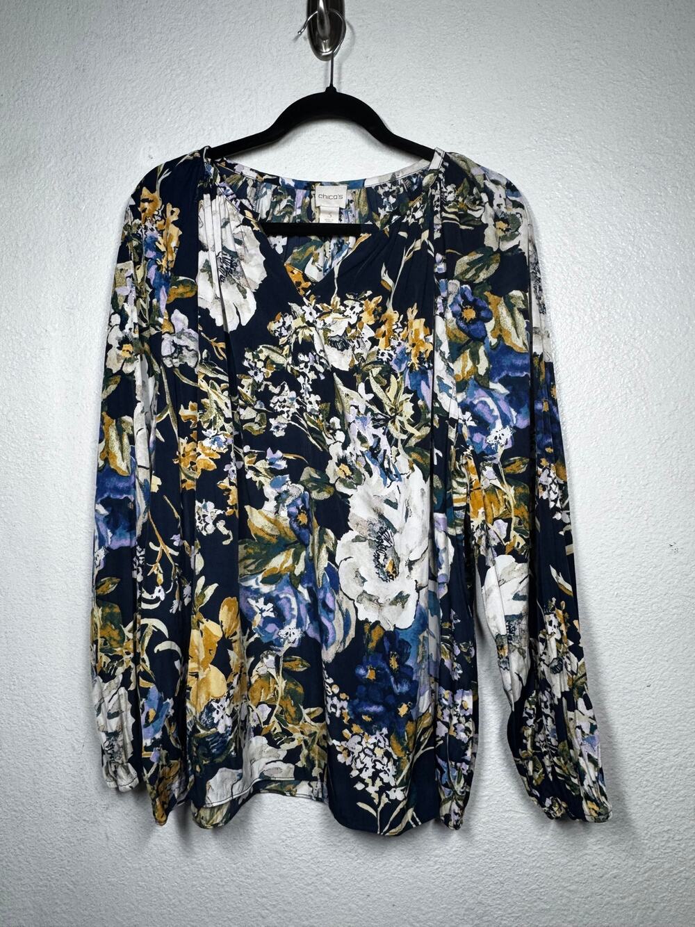 Chico's Floral Top Blue Yellow White Pullover Split Neck Long Sleeve Sz 3/XLd